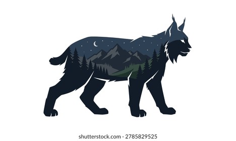A flat style double exposure vector illustration featuring a walking lynx silhouette. Inside the wild cat shape is a beautiful night landscape with dark mountain peaks, a dense pine tree forest, and a crescent moon with stars under a dark sky, best for t-shirt designs, creative logos, stickers, and outdoor branding.
