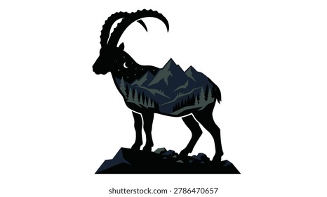 A flat style double exposure vector graphic featuring a majestic alpine ibex silhouette with long curved horns standing on rocks. Inside the wild mountain goat shape is a serene night landscape with sharp mountain peaks, a dense pine tree forest, a valley path, and a crescent moon with stars, best for outdoor adventure logos, t-shirt prints, stickers, and camping branding.
