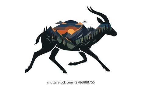 A flat style double exposure vector illustration featuring a dynamic running gazelle antelope silhouette with elegant curved horns. Inside the jumping animal shape is a breathtaking wilderness landscape with a golden setting sun rising behind sharp mountain peaks, dramatic clouds, and a dense pine tree forest with warm highlights, best for athletic outdoor logos, t-shirt prints, stickers, and activewear branding.
