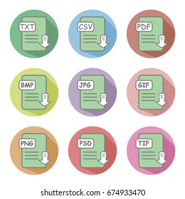 Flat style download icon includes with txt csv pdf bmp jpg gif png psd and tif