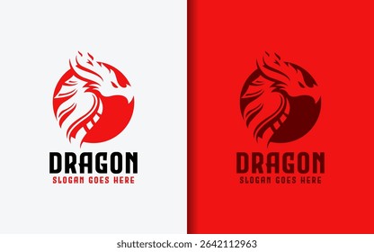 Flat style dragon logo featured within bold red circle in modern minimalist concept.