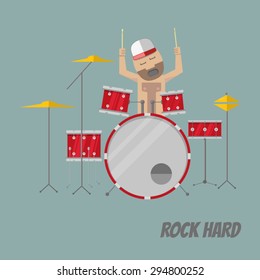 Flat style drummer in trucker hat playing drums. EPS10 vector illustration