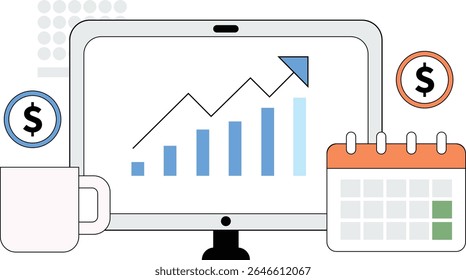 Flat Style Earnings Chart With Upward Trend Line Accompanied by Laptop Coffee Mug and Calendar Icons in a Clean Minimal Business Theme - Vector Illustration