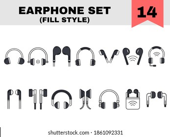 Flat Style Earphones Icon Set In Black And White Color.