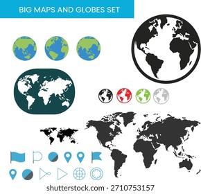 Flat style earth globes set showing world map designs isolated on white background for vector illustration and stock use
