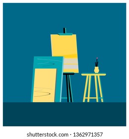 Flat style.  easels or painting art boards with  canvas of different sizes. 