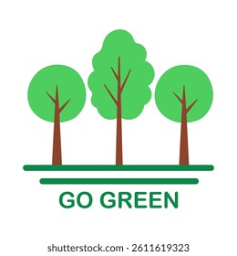 Flat style eco sticker with green trees and "Go Green" text. Promotes environmental awareness, sustainability, and nature protection. Isolated on a white background.