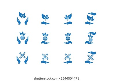 Flat Style Ecology Icons Collection Over Hand,Blue Colored Symbolizing Eco-Friendly Practices.Vector Illustration.