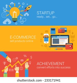 Flat style e-commerce business startup infographic concept. Start up spaceship online store income achievement result graphic web site icon banners templates set. Website conceptual vector collection.
