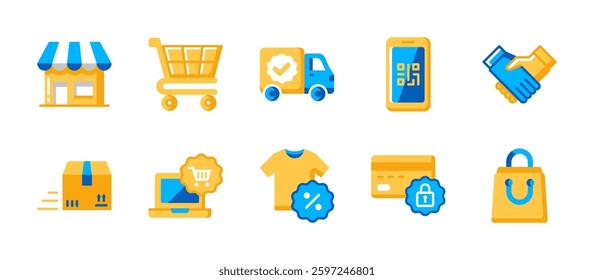 Flat style ecommerce icon set featuring shop, cart, delivery, QR code, discount, online shopping, payment, package, and shopping bag in clean modern vector design.