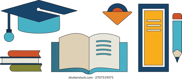 Flat style education icons set featuring graduation cap open book and pencil for school design projects
