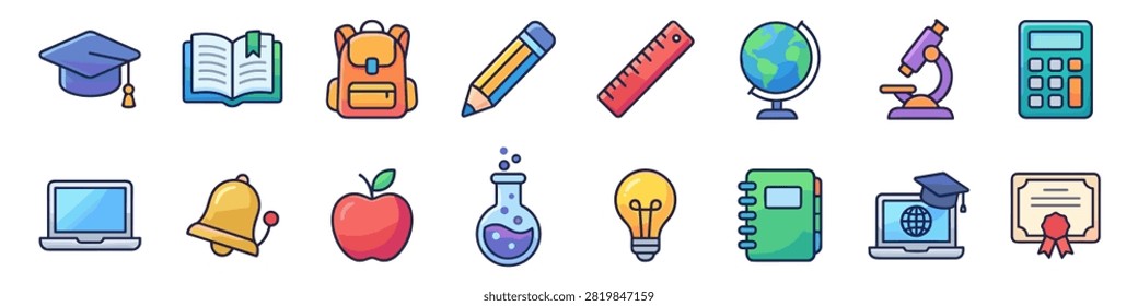 Flat style education icons set including graduation cap, book, backpack, pencil, ruler, globe, microscope, calculator, laptop, bell, apple, flask, light bulb, notebook on transparent background