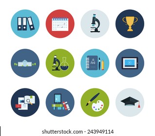Flat style education and science vector illustrations. Circle icons set.
