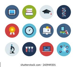 Flat Style Education And Science Vector Illustrations. Circle Icons Set.