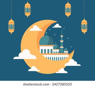 Flat style Eid Mubarak greetings. Lanterns and clouds. Vector Illustration. Ramadan Kareem.
