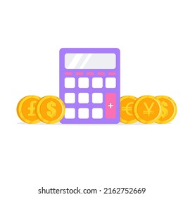 Flat style electronic calculator with coins, money. Vector illustration