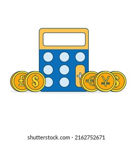 Flat style electronic calculator with coins. Vector illustration