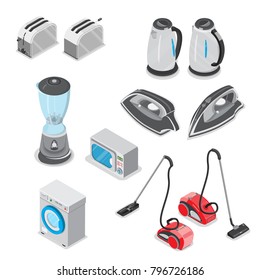 Equipo doméstico de electrónica de estilo plano conjunto de ilustraciones isométricas 3d. Tostadora eléctrica, hervidor, extracto de hierro, microondas, lavadora, aspiradora. Aparatos eléctricos para dispositivos de cocina.