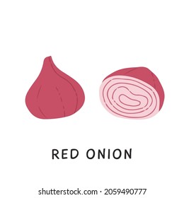 Flat style elements of cut and whole red onion. Fresh organic ripe raw vegetable or gathered crop isolated on white background. Simple colored hand drawn vector illustration.