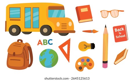 Flat style elements including bus backpack books pencil globe and school-related items