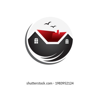 flat style emblem logo of palm leaf realestate inside round background