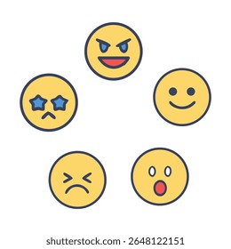 Conjunto de iconos de emoji de estilo plano con cinco caras de dibujos animados expresivos que muestran emociones felices, enojadas, tristes, sorprendidas y confundidas. Perfecto para la interfaz de usuario, pegatinas, reacciones y diseño de redes sociales.