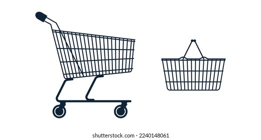 Flat style empty wire supermarket shopping basket and cart, pushcart. Store metal cart on white isolated background. Vector illustration.