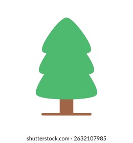 Flat Style Evergreen Tree Icon with Layered Green Triangular Foliage and Straight Brown Trunk on White Background