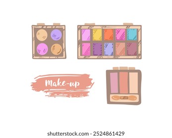 Flat style eyeshadow palettes, beauty cosmetic elements, self care. Illustration for beauty salon, cosmetic store, makeup design. Doodle sketch style.	