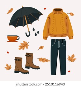 Flat style fall clothing set. Casual fall clothes and accessories sweater, jeans, boots, umbrella, cup and saucer and yellow leaves Vector illustration of fall stickers on white background for design.