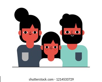 Flat style family illustration: characters, mother, father, woman, man, girl, happy