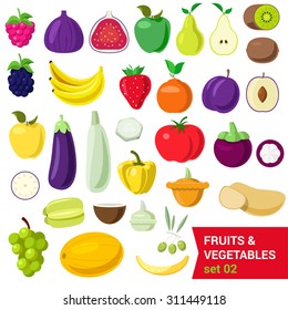 Flat style fancy quality set of fruit and vegetable set. Berry raspberry figs apple pear kiwi blueberry plum banana tomato eggplant pepper potato olive coconut grape melon. Creative food collection.