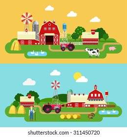 Flat style farm building green plants territory life outdoor banner set. Tractor cow goose farmer cowshed barn byre stall. Farming agriculture concepts collection.