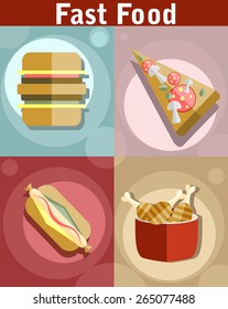 Flat style fast food designs. Set of foods. Pizza, Hot Dog, Hamburger and Chicken drumsticks.
