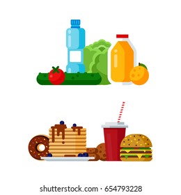 Flat style fast food and healthy food vector set illustration: cheeseburger, hamburger, pancakes, soda and donut, vegetables, juice and water. Vector cheat meal and healthy food illustration.