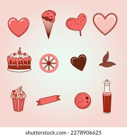 Flat Style Fast Food, Soft Drink, Heart Shape Elements On Pastel Pink Background For Valentines Or Love Concept.