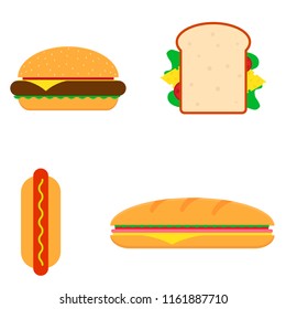 Flat style fast food vector set illustration: sandwich, hotdog and tasty hamburger.