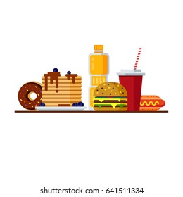 Flat style fast food vector set illustration: cheeseburger, hamburger, hotdog, pancakes, soda and chocolate donut. Vector cheat meal illustration.