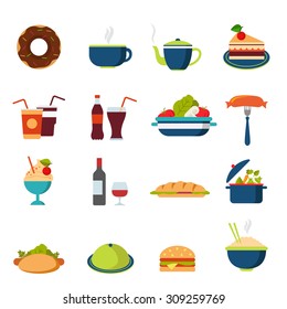 Flat Style Fast Street Food Drink Cafe Restaurant Icon Set. Menu Eat Beverage Dinner Lunch Burger Cola Coffee Tea Bakery Cake Bottle Hamburger Dessert Web Infographic Icons Collection.