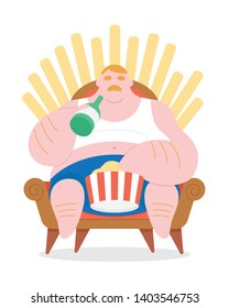 Flat style fat man with beer bottle and snack sitting on sofa that look like a throne vector illustration