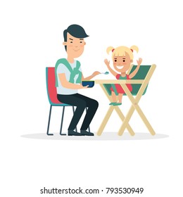 Flat style father feeding him daughter sitting in baby high chair vector parenting illustration. Man dad holding bowl of porridge, spoon feeding girl child. Family and children characters