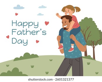 flat style fathers day card, father holding daughter on shoulders