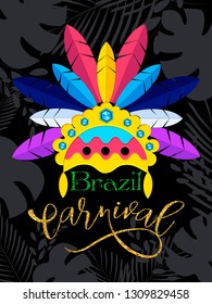 Flat style feather headdress illustration on black abstract background for brazil carnival celebration greeting card or template design.