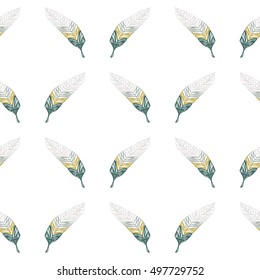 Flat style feather seamless pattern for t-shirt, coloring books and tattoo. Vector illustration