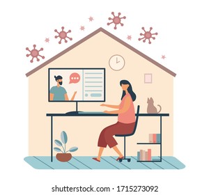 Flat style of female character at desktop having conversation with male colleague via Internet while isolating at home during coronavirus pandemic