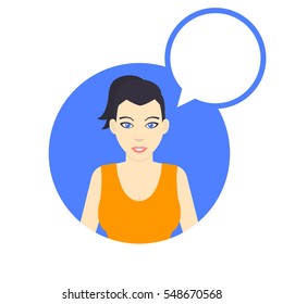 flat style female character with empty speech bubble, girl in orange t-shirt, vector illustration