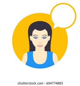 flat style female character with empty speech bubble, smiling girl in blue shirt