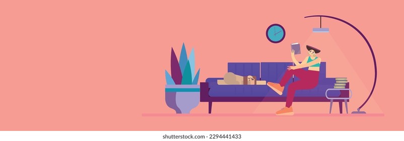 Flat style female character, sitting on a couch and reding a book, Pink background, Minimalist banner, copy space. Vector illustration