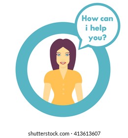 flat style female character with speech bubble on round shape, long-haired girl in yellow dress, vector illustration