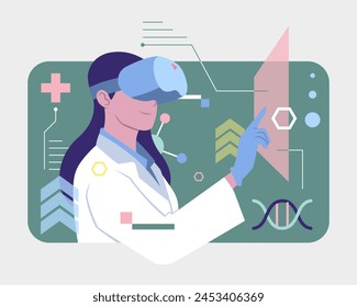 Flat style female doctor using VR headset with technology background cartoon illustration